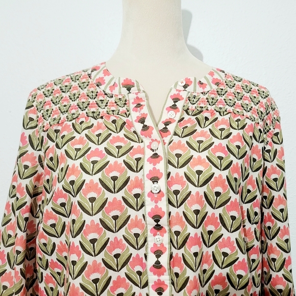Talbots Women’s Medium Floral Boho Peasant Blouse 100% Cotton Pink Green Long Sl - Picture 2 of 12